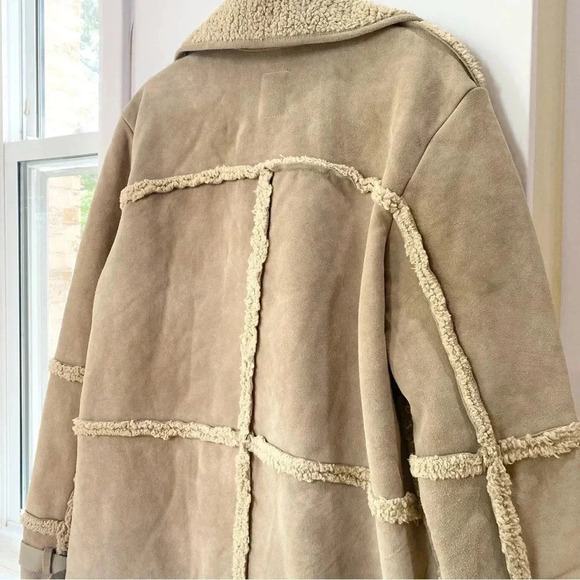 New Free People Cassidy Cozy Jacket Coat Suede Leather Sherpa Oversized Taupe - Picture 8 of 13